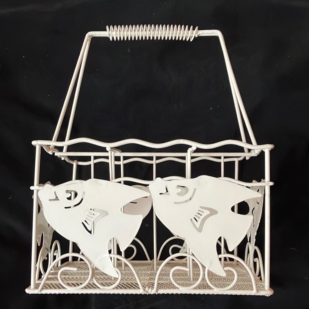 Metal utensil holder-white-4 spots-for forks knives, spoons & napkins GUC